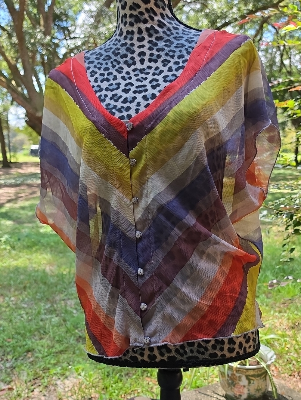 Jolt Multicolor Sheer V-Neck Blouse with Diagonal Stripes